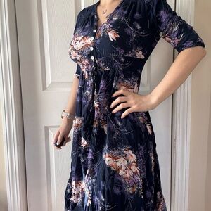 Boho Button Front Mid Floral Dress